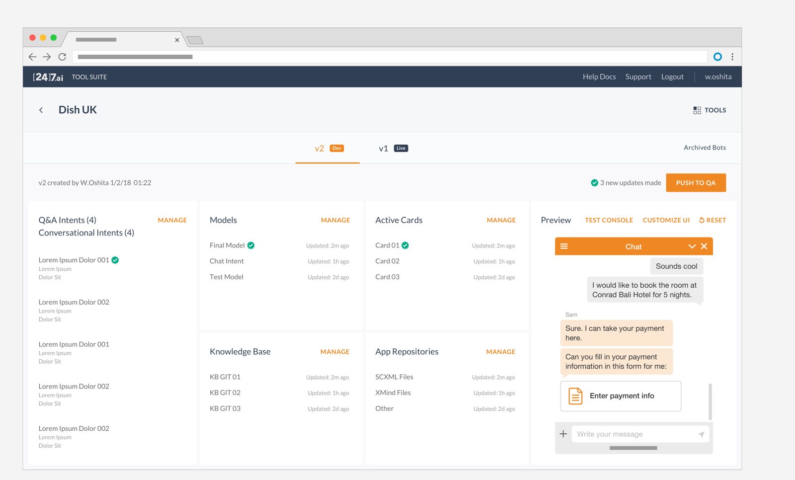 Tool Suite bot overview for a client bot, showing intents, models, active cards, knowledge base and repositories, with a live chat preview