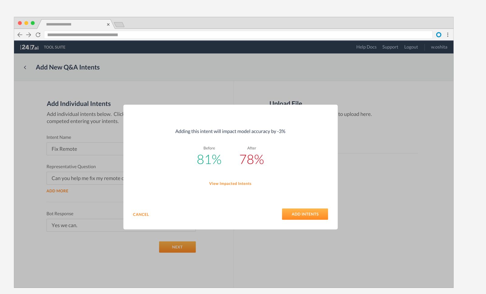 Dialog: adding this intent will impact model accuracy by -3%, before 81%, after 78%, with links to view impacted intents, cancel or add intents