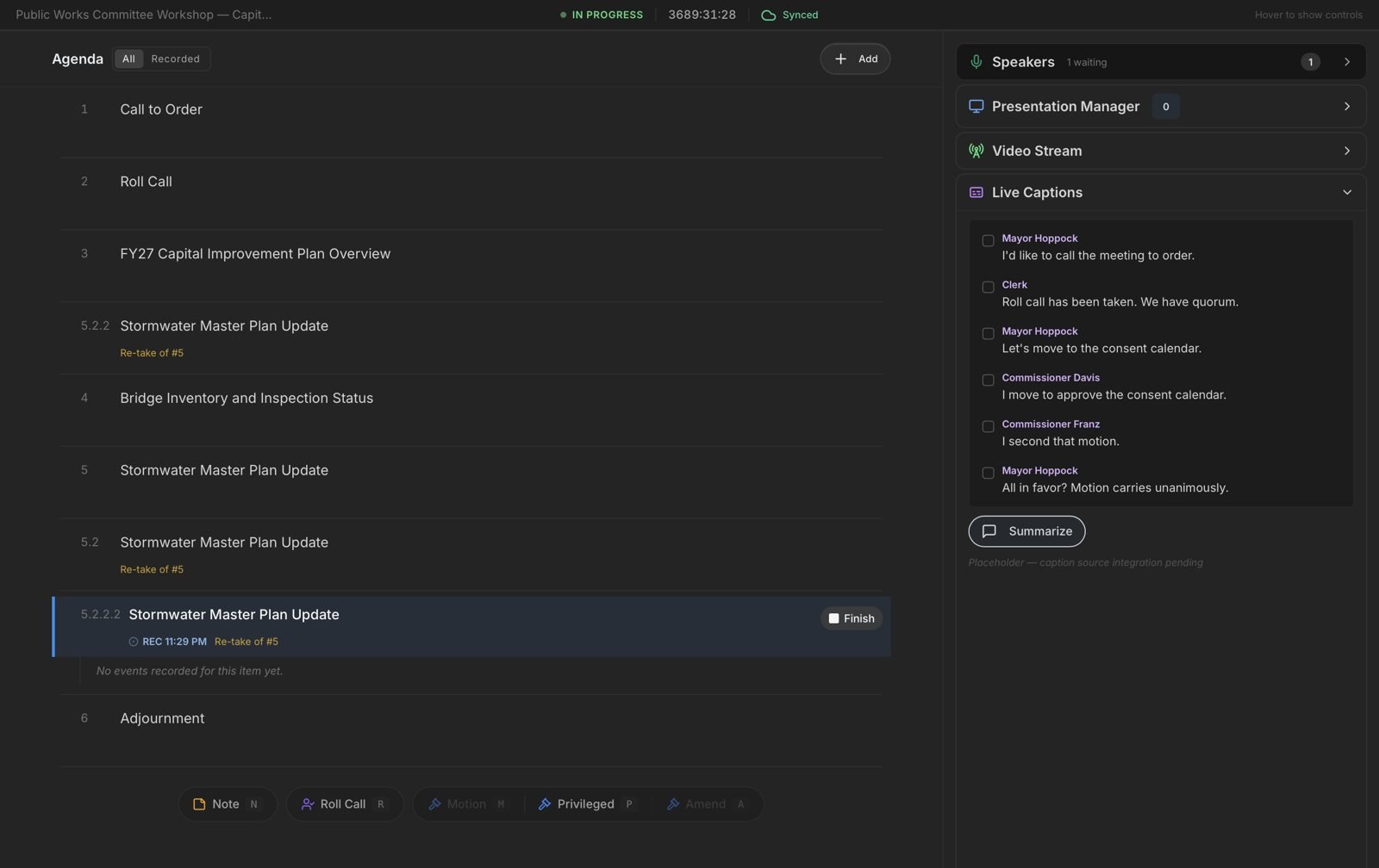 Govinity clerk console in dark mode: agenda list with the active item highlighted, a speakers queue, presentation, video and live captions panels, and an action bar with keyboard shortcuts
