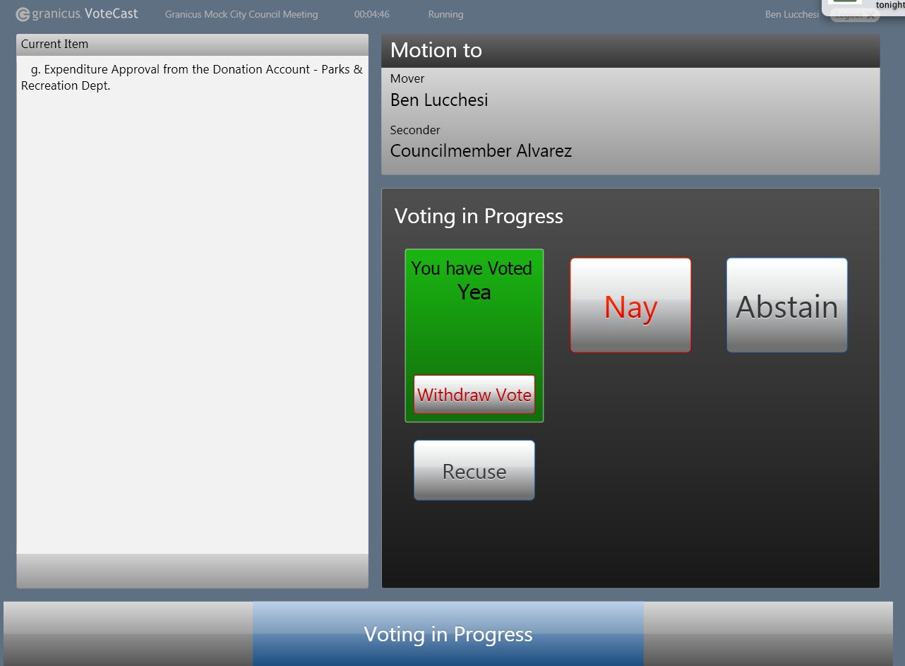 VoteCast voting screen: motion with mover and seconder, a confirmed Yea vote with a withdraw option, and large Nay, Abstain and Recuse buttons