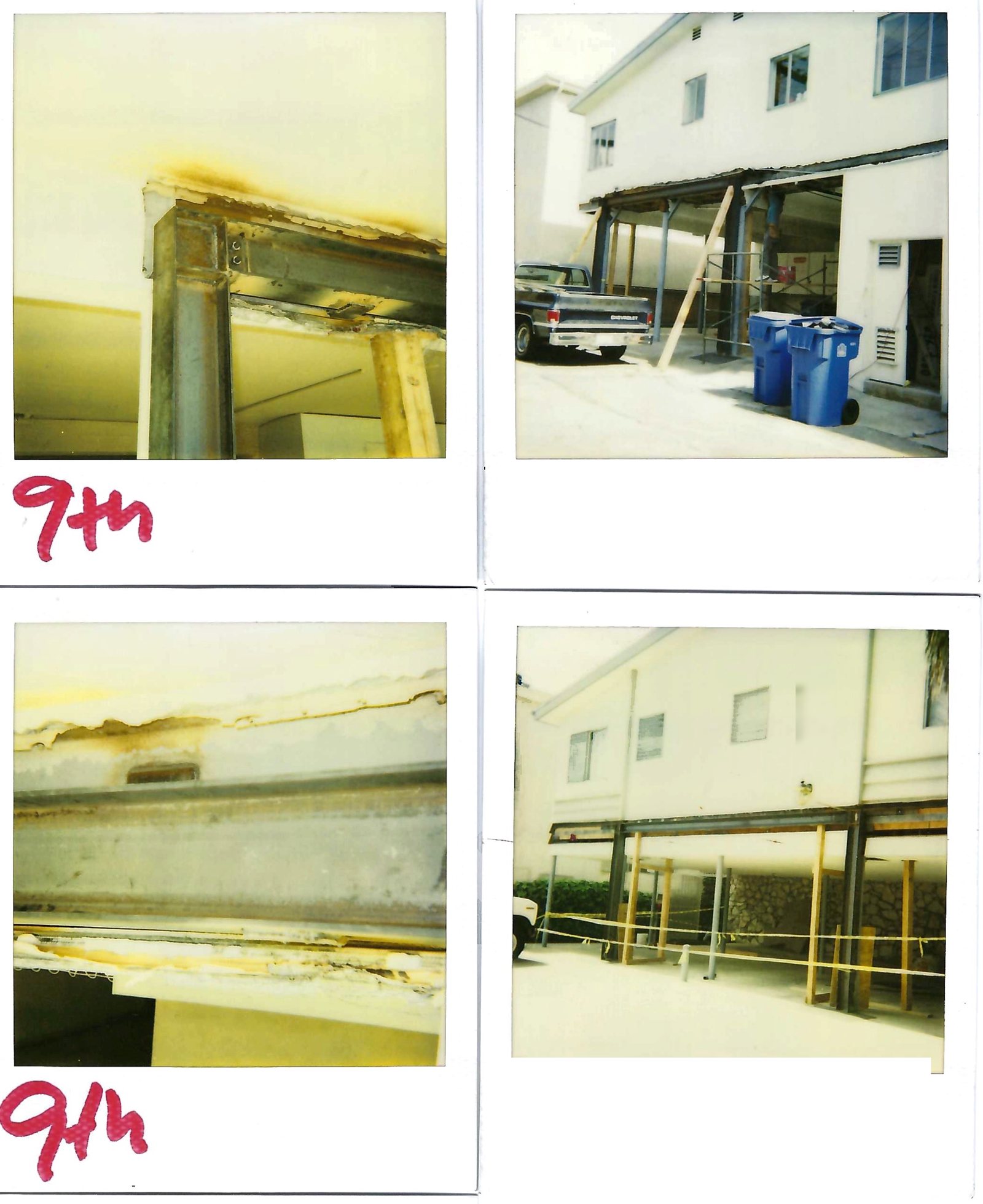 Four scanned Polaroids from 1996 of a seismic retrofit: new steel beams and posts under a two-storey apartment building, with handwritten labels